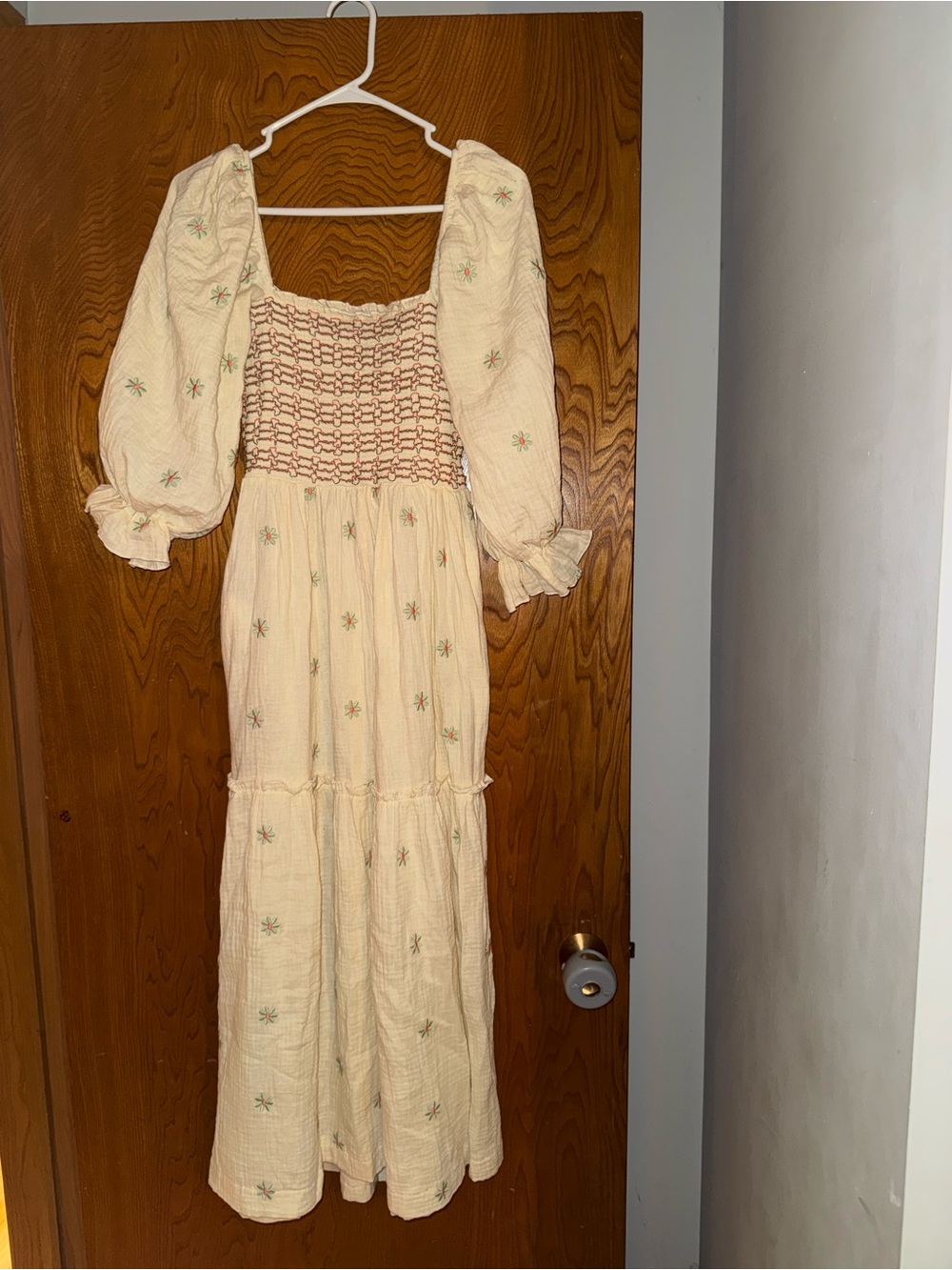 Cream Embroidered Smocked Maxi Dress with Puff Sleeves
